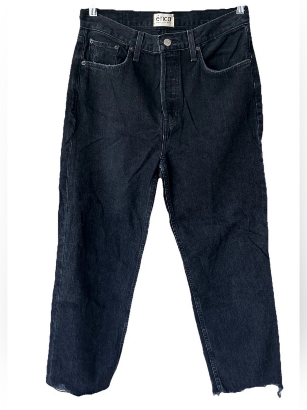 Etica Tyler Vintage Straight Crop Jeans Black Frayed Hem Size 28